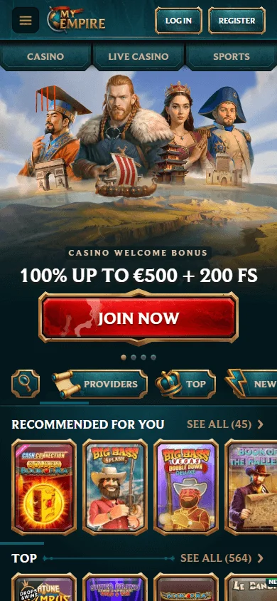 MyEmpire Casino mobile home screen